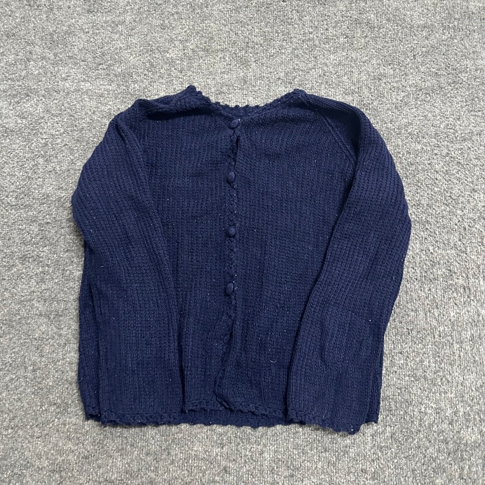 Unbranded Cardigan Womens Size L Navy Blue Knit Button Back Scalloped Trim Rip